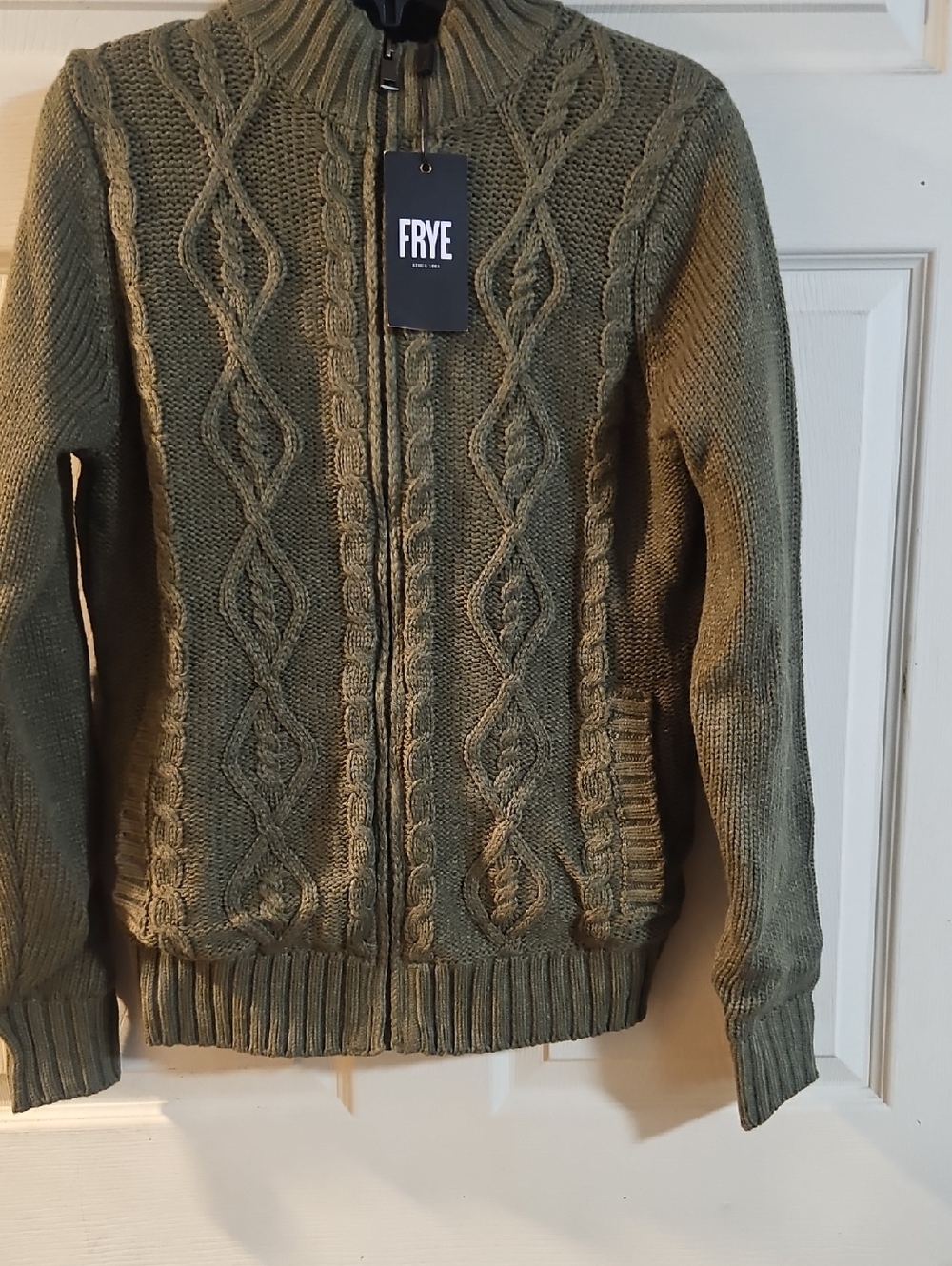 Frye MENS olive green cable knit full-zip sweater JACKET: NEW WITH TAGS: SIZE S
